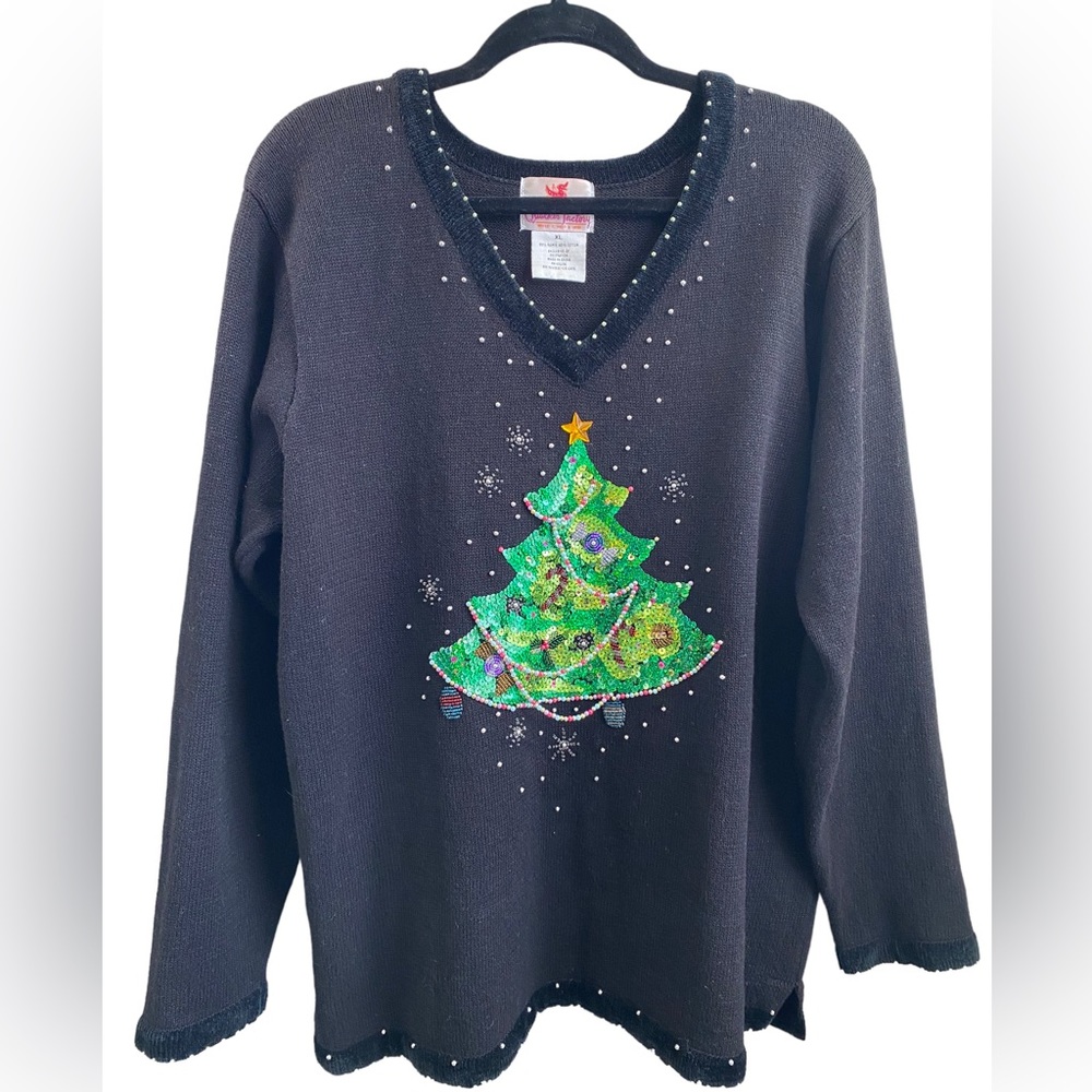 Quacker Factory Vintage Christmas Tree Sweater XL